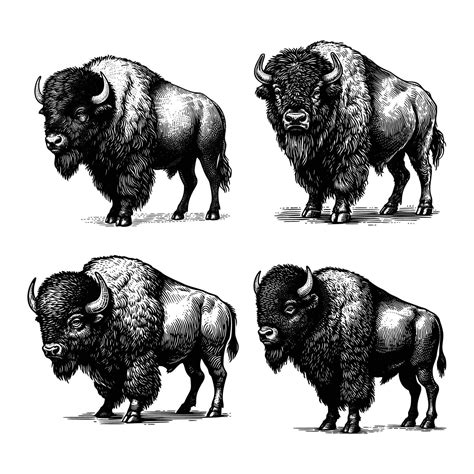 set of bison illustration. black and white hand drawn bison ...