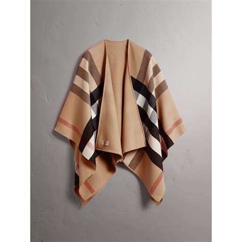 Reversible Check Merino Wool Poncho In Camel Women Burberry United