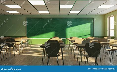 An Empty Classroom With Chairs Desks And A Green Chalkboard