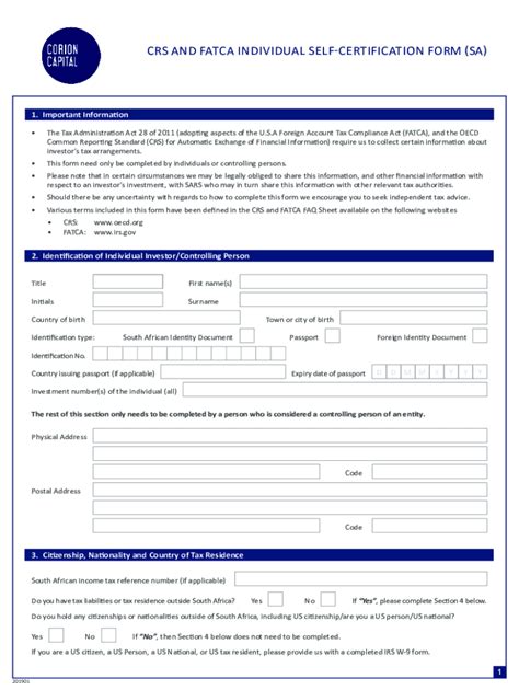 Fillable Online Crs And Fatca Individual Self Certification Form Fax Email Print Pdffiller