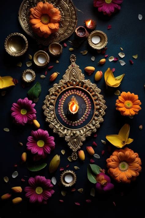 Diwali Diyas and Rangoli Design on a Dark Surface Stock Illustration ...