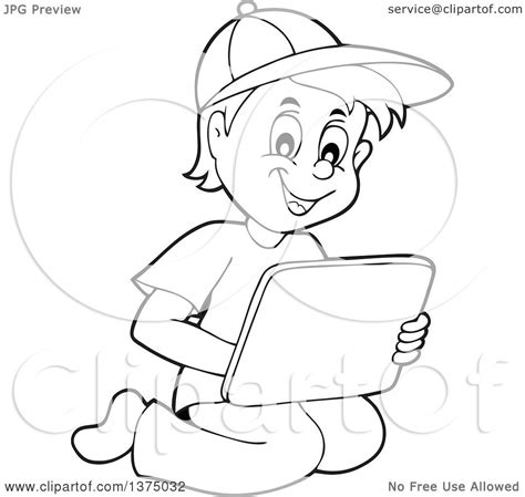 Clipart of a Black and White Boy Kneeling and Using a Laptop Computer ...