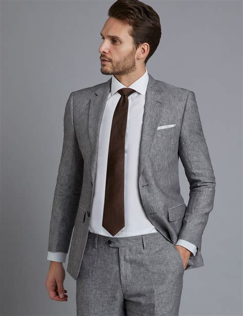 Men S Grey Linen Slim Fit Suit Hawes Curtis