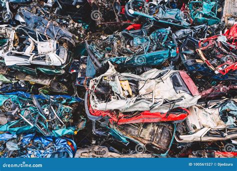 Scrapped Cars Stacked On A Scrap Yard Stock Image Image Of Recycle