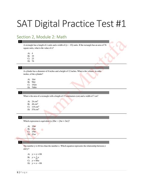 SOLUTION Sat Digital Practice Test 1 Section 2 Module 2 Math 1 Studypool