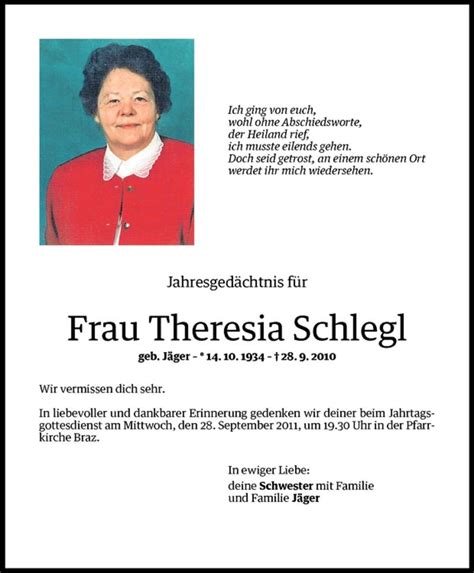 Todesanzeigen Von Theresia Schlegl Todesanzeigen Vorarlberger Nachrichten