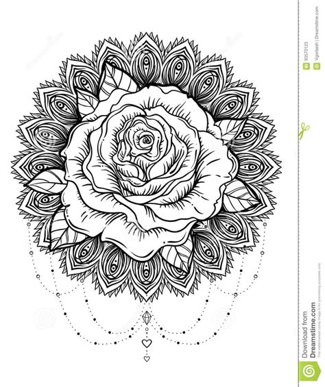 Hand Drawn Rose Flower Over Ornate Round Pattern Mandala Vector Stock Vector Illustration Of