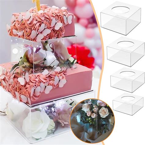 Fvituve Clear Acrylic Fillable Cake Stand Box Square Cylinder Cake