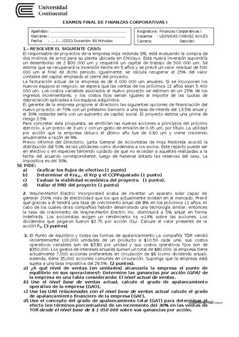 Examen Final Finanzas Corporativas 1 EXAMEN FINAL DE FINANZAS