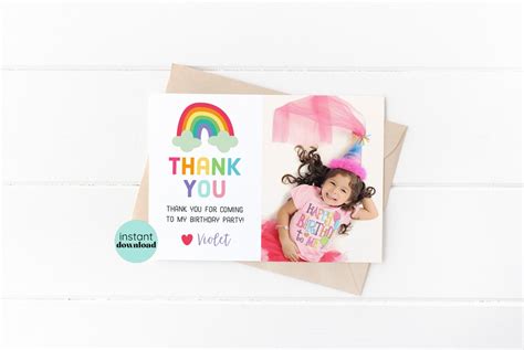 Rainbow Birthday Thank You Card Rainbow Thank You Girl Invite Templett 32101 Etsy