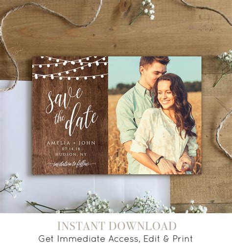 Rustic Save The Date Template Printable Photo Card 100 Editable