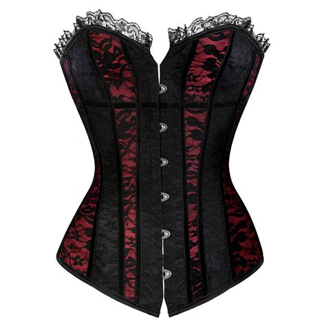 Satin Red And Black Lace Cover Overbust Corset Lace Up Boned Top Sexy