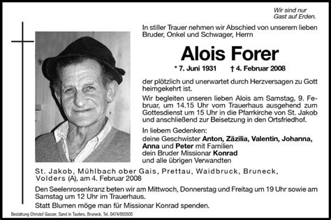 Traueranzeigen Von Alois Forer Trauer Bz