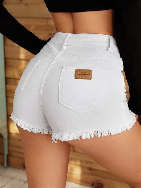 Shorts En Mezclilla Con Parche De Letra Bajo Crudo Mode De Mujer