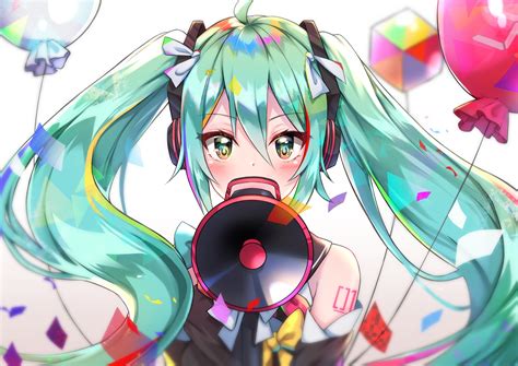 Blush Close Cuna Qunya Green Eyes Green Hair Hatsune Miku Headphones