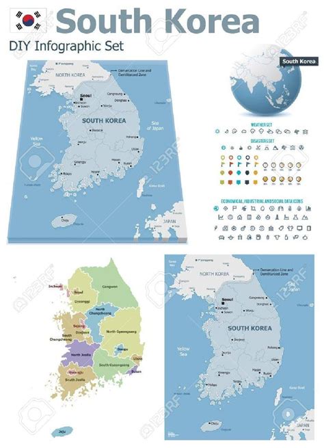 Vector South Korea Maps With Markers Korea Map Cities In Korea