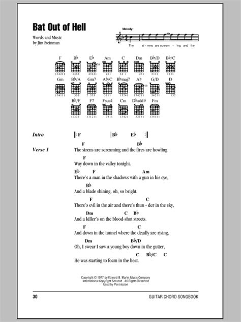 Bat Out Of Hell By Meat Loaf Guitar Chordslyrics Guitar Instructor