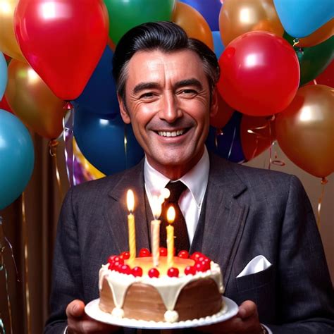 Hombre sonriente celebrando su cumpleaños con pastel y globos Foto