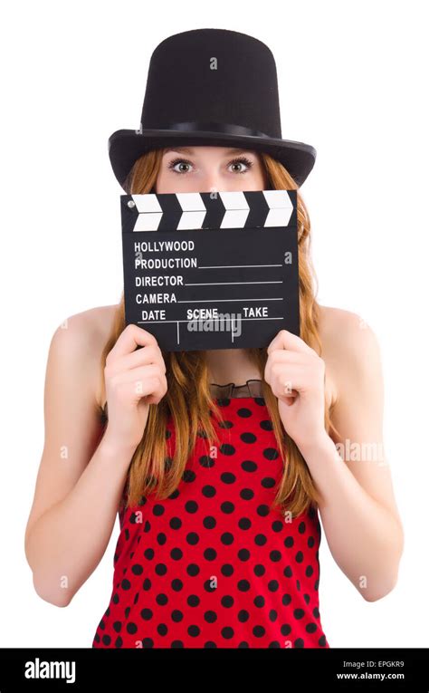 Pretty Girl In Red Polka Dot Dress With Movie Board Isolated On White