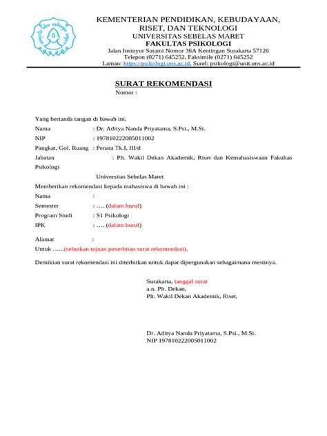surat rekomendasi fakultas psikologi uns