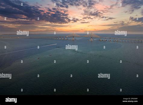 Aerial View Of Sunshine Skyway Bridge Over Tampa Bay In Florida With