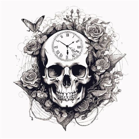 Una Calavera Con Un Reloj Y Rosas Alrededor Vector Premium