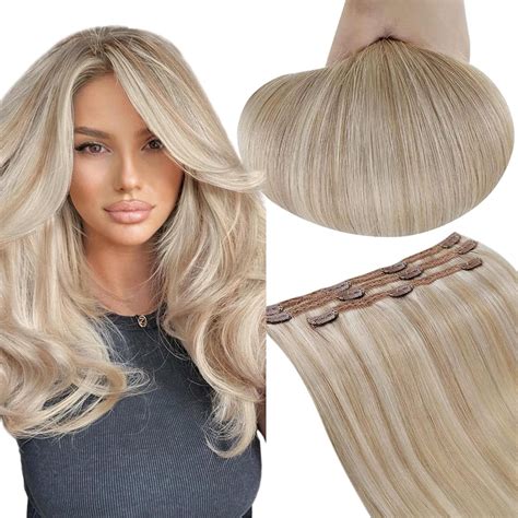 Runature Real Human Hair Clip In Extensions Ash Blonde Mix Bleach