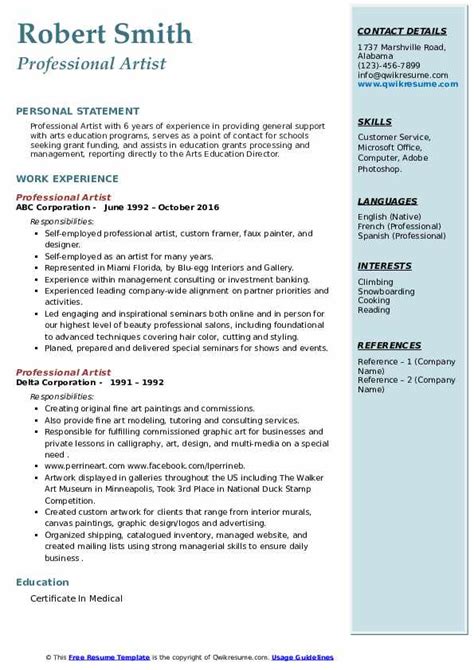 Professional Artist Resume Samples Qwikresume