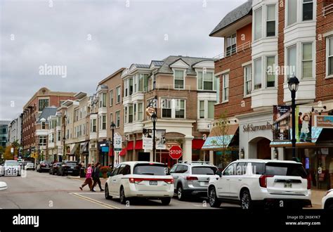 Buildings with shops and restaurants at Crocker Park in Westlake, Ohio ...