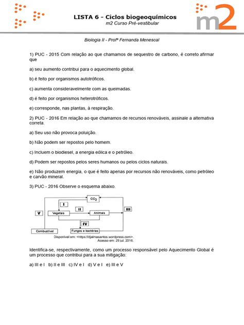 Questões Ciclo Biogeoquímicos Enem 2025 - Ciclos Biogeoquímicos: Questões e Respostas | PDF | Água | Poluição