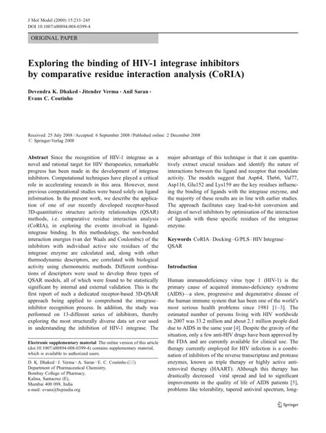 Pdf Exploring The Binding Of Hiv 1 Integrase Inhibitors By