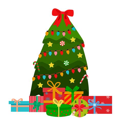 Cartoon Christmas Tree With Presents Decorated With Stars Garlands