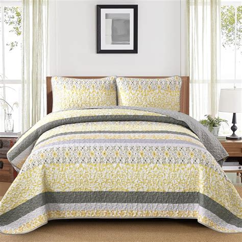 Amazon Djy Yellow Boho Quilt Set Queen Size Yellow And Gray