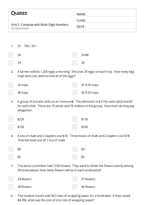 50 Multi Digit Numbers Worksheets For 8th Year On Quizizz Free And Printable