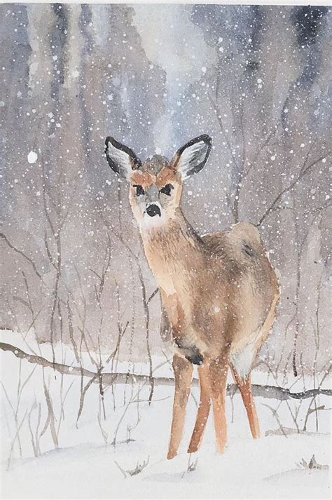 Original Watercolor Painting Of Deer In Snow Etsy Watercolor