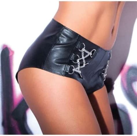 Amazon アルーアランジェリー ALLURE LINGERIE Faux Leatherフェイクブラックレザーとチェーンショーツ ALL Black S