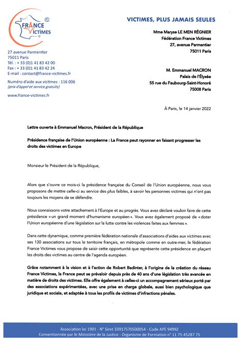 Lettre ouverte au Président de la République France Victimes