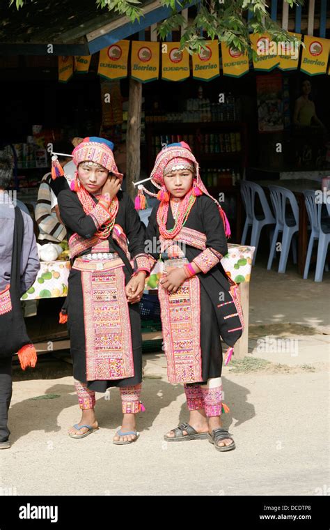 Ethnic Akha Women In Tribal Village Near Phongsali Laos Stock Photo