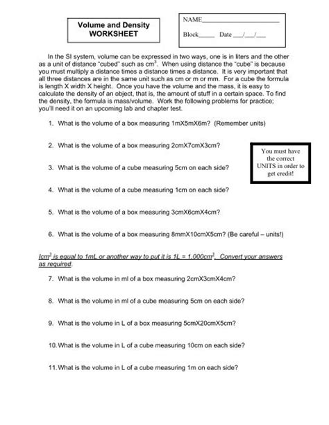 Volume And Density Worksheet Bvsd Worksheets Library