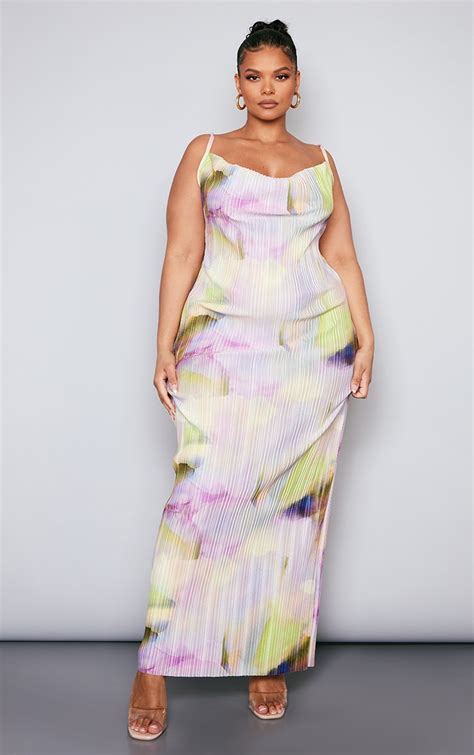 Plus Lilac Watercolour Plisse Cowl Neck Maxi Dress Plus Size Prettylittlething Usa