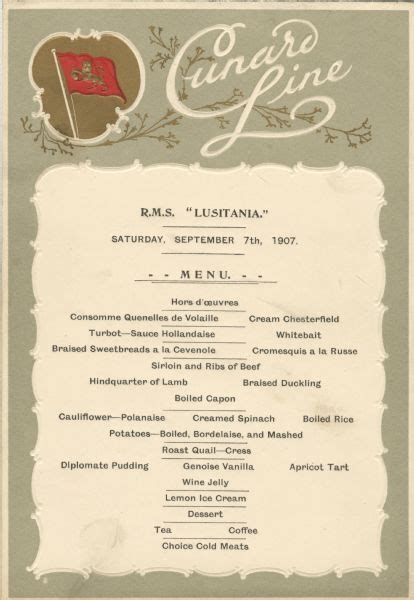 Rms Lusitania Menu Menu Printing Historical Society Wisconsin