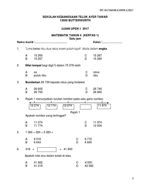 Ujian Soalan Matematik Tahun 4 2020