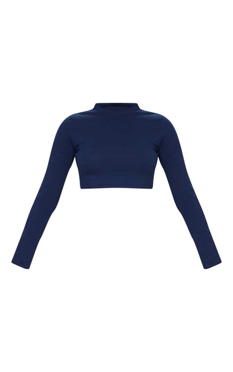 Navy High Neck Long Sleeve Crop Top Tops Prettylittlething Ie