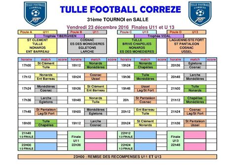 Actualité Le tableau des finales du tournoi U11 et club Football