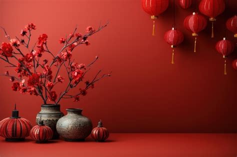 Premium Ai Image Red Lantern And Ornaments On Red Background Chinese Lanterns During New Year