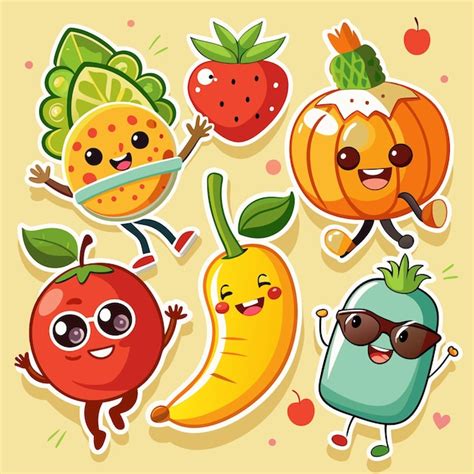 Frutas Y Verduras De Dibujos Animados Con Caras En Diferentes Poses