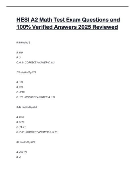 HESI A2 Math Test Exam Questions and 100% Verified Answers 2025 Reviewed - HESI A2 Math - Stuvia US