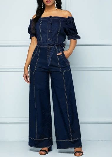 ROTITA Button Navy Belted Long Off Shoulder Jumpsuit Rotita USD