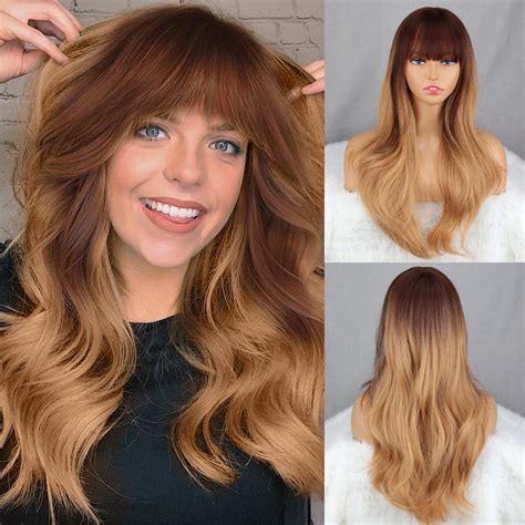 Cheap Merisihair Synthetic Fiber Ombre Brown Light Blonde Color Long Wavy Wig With Bangs Natural