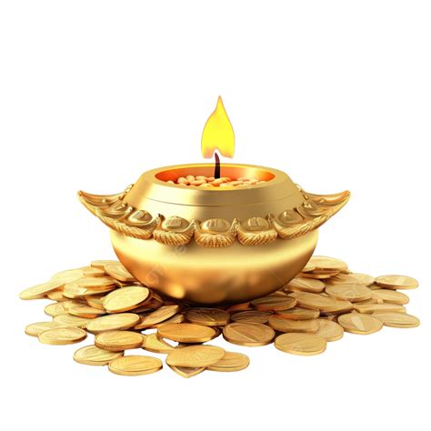 Creative Gold Coin Kalash With Diwali Diya For Happy Dhanteras